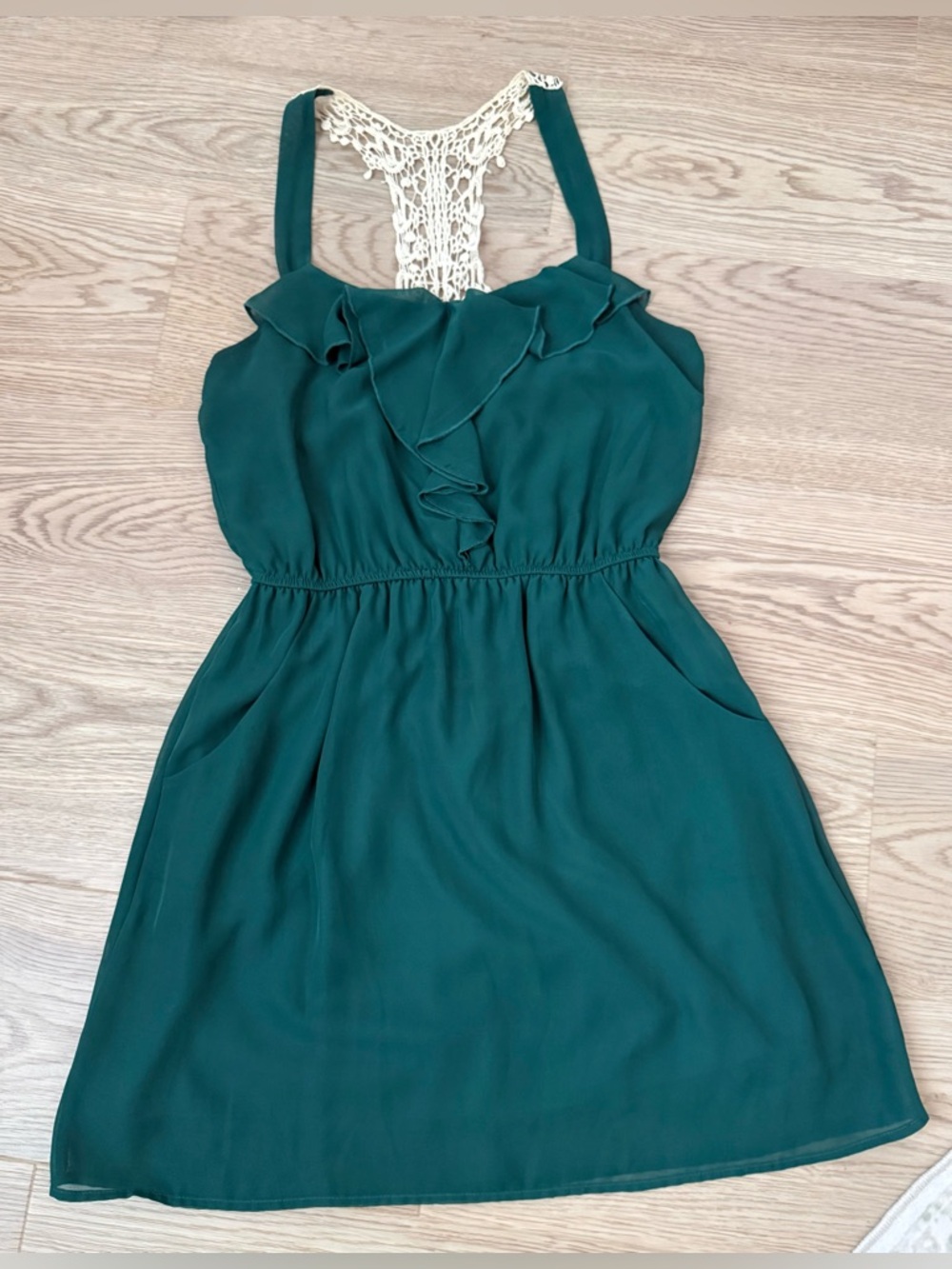 Speechless Emerald Halter Ruffle Dress with Crochet Back